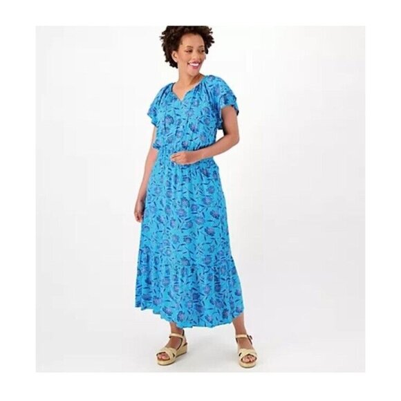 Destination 365 Printed Short Sleeve Midi Dress With Smocking Size L Turquoise - Picture 1 of 16